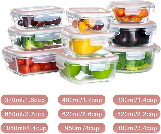Bayco Glass Storage Containers with Lids, 9 Sets Glass Meal Prep Containers Airtight, Glass Food Storage Containers, Glass Containers for Food Storage with Lids - BPA-Free & Leak Proof(Pink)