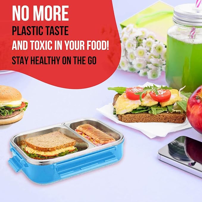Signoraware Stainless Steel Bento Box Adult Lunch Box For Men, Women, Kids Bento Lunch Box Leak Proof Between 2 Compartments Meal Prep Containers Lunch Containers For Adults And Kids School Green