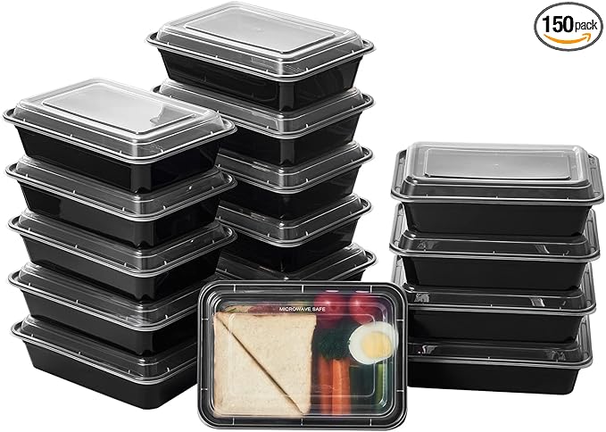 32 oz 150Pack Plastic Meal Prep Food Storage Containers with Lids Reusable 1 Compartment To Go Black Extra Large &Thick Microwave Freezer Dishwasher Safe BPA Free Stackable (Formerly FULING)