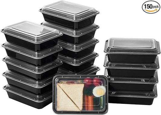 32 oz 150Pack Plastic Meal Prep Food Storage Containers with Lids Reusable 1 Compartment To Go Black Extra Large &Thick Microwave Freezer Dishwasher Safe BPA Free Stackable (Formerly FULING)