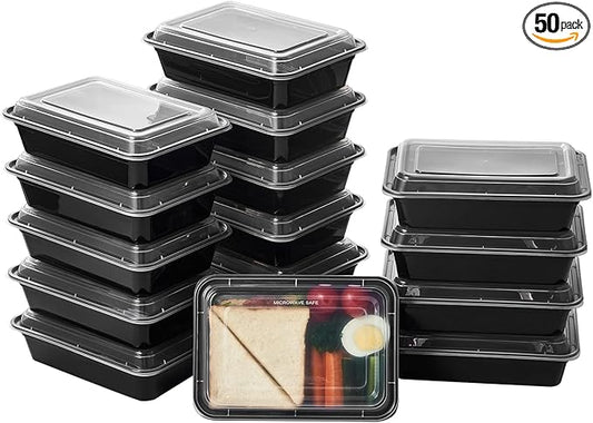 32 oz 50Pack Plastic Meal Prep Food Storage Containers with Lids Reusable 1 Compartment To Go Lunch Box Black Extra Large &Thick Microwave Freezer Safe BPA Free Stackable (Formerly FULING)