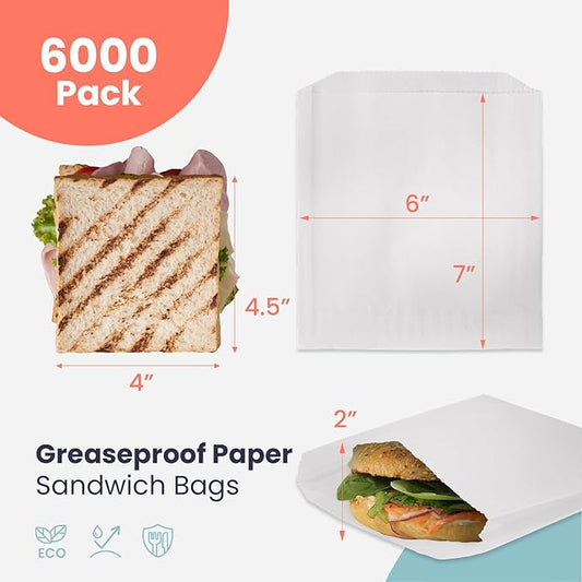 Fit Meal Prep 6000 Pack Paper Sandwich Bags 7 x 6”, Greaseproof Paper Snack Bags, Food Grade Pastry Bag, Recyclable Small Paper Bags, Cookie Sleeves, Food Packaging for Bakery, Donuts (50 Pack x 120)
