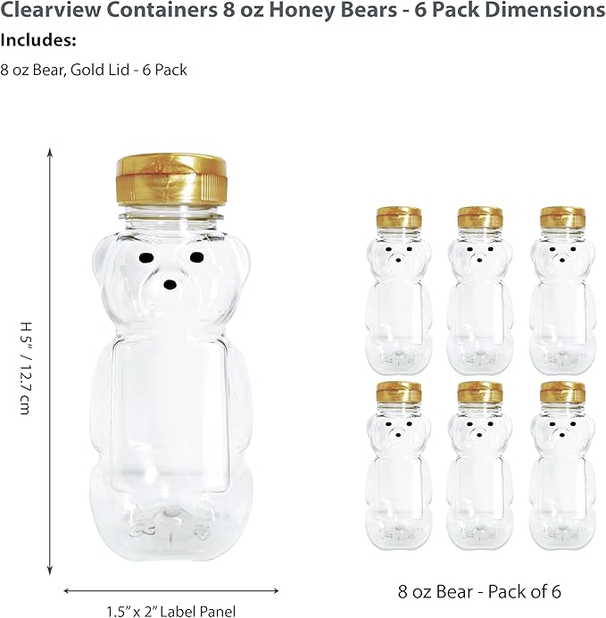 6 Pack of 8 Ounce Honey Bears with Sealable Gold Flip Top Lids (8 oz. Bear, 6pk, Gold)