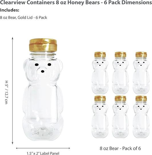 6 Pack of 8 Ounce Honey Bears with Sealable Gold Flip Top Lids (8 oz. Bear, 6pk, Gold)