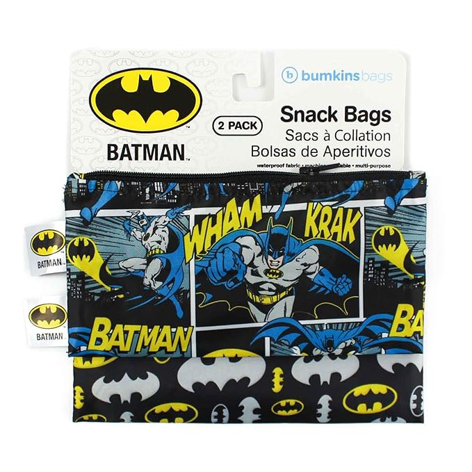 Bumkins Reusable Snack Bags, for Kids School Lunch and for Adults Portion, Washable Fabric, Waterproof Cloth Zip Bag, Supplies Travel Pouch, Food-Safe, 2-pk Batman DC Comics