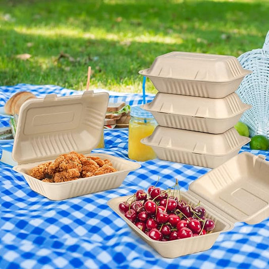 greensight 9 x 6 Clamshell Take Out Food Containers, 75 Pack Disposable To Go Containers, Compostable To Go Boxes, Biodegradable Food Containers Made of Sugar Cane Fibers