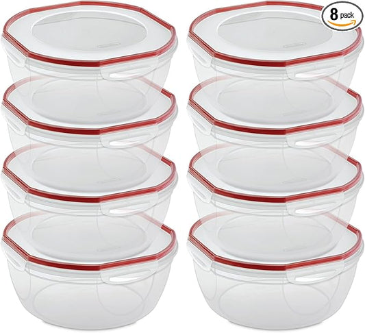 Sterilite Ultra-Seal 8.1 Qt Bowl, Large Airtight Food Storage Container, Latching Lid, Microwave and Dishwasher Safe, Clear With Red Gasket, 8-Pack