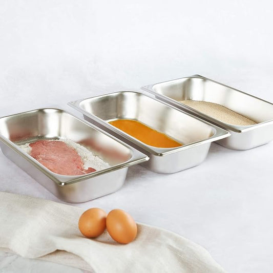 Navaris Breading Trays Set - 3 Medium Stainless Steel Pans for Preparing Bread-Crumb Dishes, Panko, Schnitzel, Coating Fish and Marinating Meat