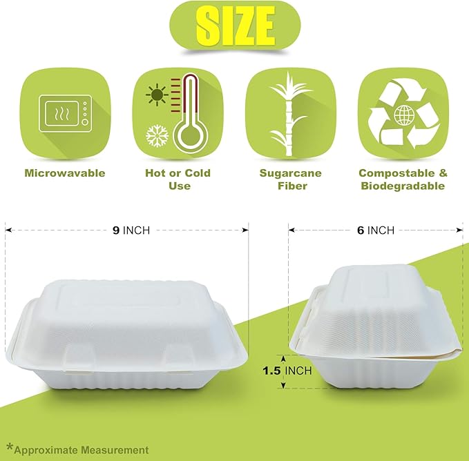 Green Earth 9x6x3 inch, 125-Count, 1-Compartment, Compostable Clamshell, Natural Bagasse (Sugarcane Fiber), Take-Out Food Boxes - Biodegradable Containers, Hinged Lid Microwave-Safe Gluten-Free