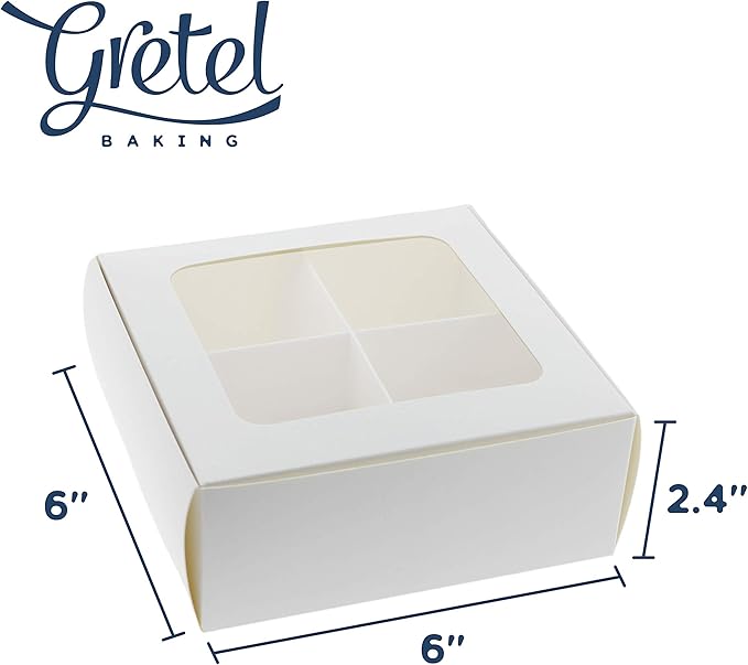 Treat boxes with window and dividers | 4 MEDIUM compartments | 6 x 6 x 2.4 in | Valentine treat boxes, baked goods packaging, box for cookies, pastry packaging | 24-pack (White)