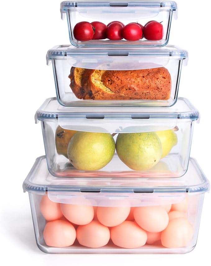 Extra Large Glass Food Storage Containers with Lids, Set-8-Piece Lunch Containers, Ideal for Storing Food, Vegetables, Fruits, Baking Cake & lot of other Tasty Food (Rectangular)