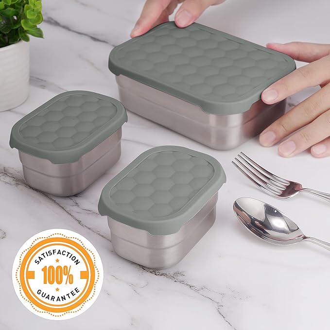 3 CUP+1 CUP Stainless Steel Lunch Snack Containers Set | Leak Proof 304 Stainless Steel Food Containers with Silicone Lids - Perfect Metal Lunch Box for School and Daycare (25oz+8oz*2)