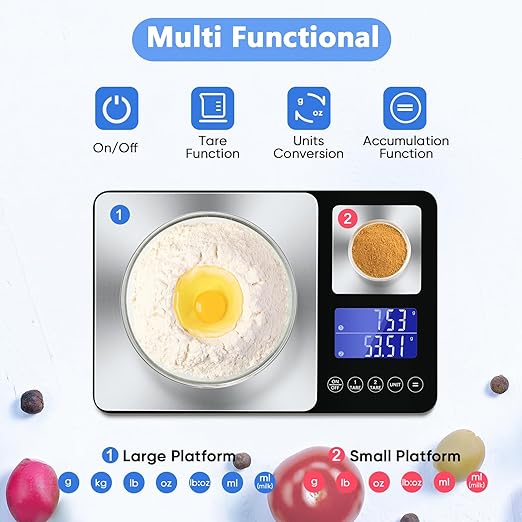 Dual Platform Digital Kitchen Scale, 15kg & 500g Food Scale for Baking, Cooking, Keto and Meal Prep, Weight Balance Alimentaire with 1g & 0.01g Accuracy and LCD Display, Grams and Oz