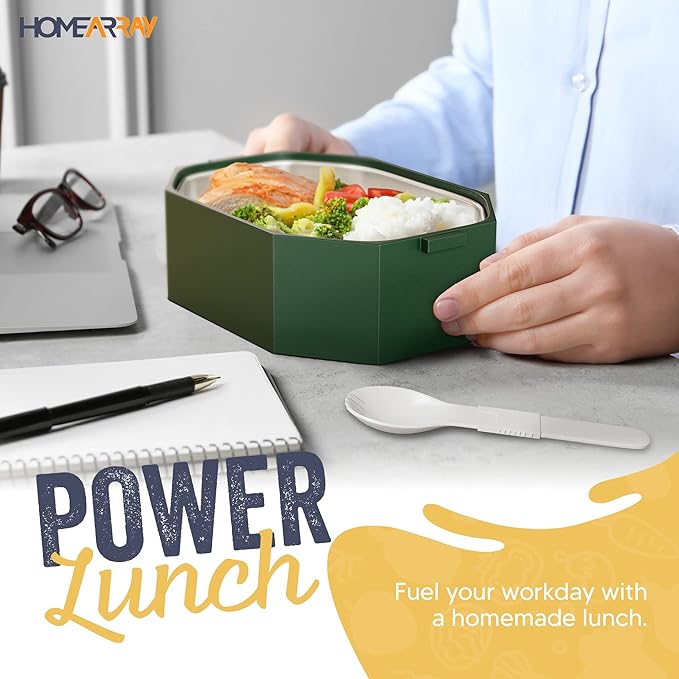 Stainless Steel Stackable Bento Box Adult Lunch Box with Cutlery - Hot/Cold - Separates Ideal Portion Sizes - Reusable Tin Inserts - Dishwasher Safe - Stackable Lunch Container for Adults with Spork