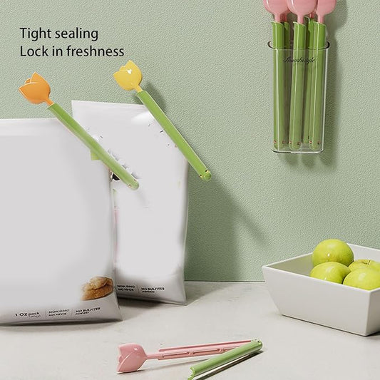 15Pcs Food Sealing Clip,Creative Beautiful Tulip Flower Floral Shape Sealing Clip with Magnetic Storage Box for Refrigerator, Food Clips Chip Clips