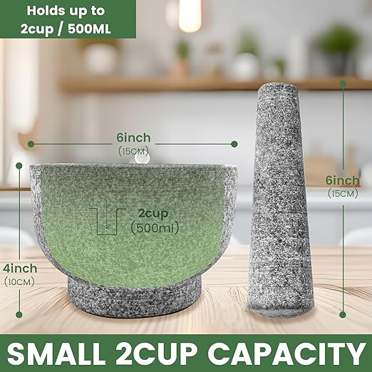 Luvan Mortar and Pestle Set,2 Cups Unpolished Granite Natural Stone Grinder Bowl for Molcajete Guacamole Bowl Crushing/Mexicano Guacamole,Spices Grinder,Herb Crusher,Salsa Pesto-6IN/Gray