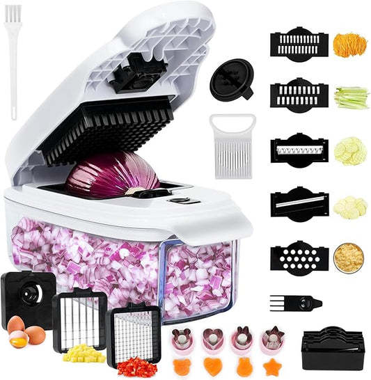 Vegetable Dicer with Commercial Concavo-Convex Occlusion Blades for Kids Bento & Party Platters (White & Black 13in1)