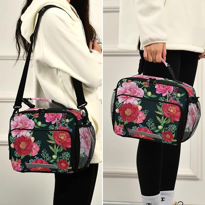 Pink Peonies Kids Lunch Bag Flowers Insulated Lunch Bags Reusable Lunch Box Lunch Tote Bag for School Office Work Picnic