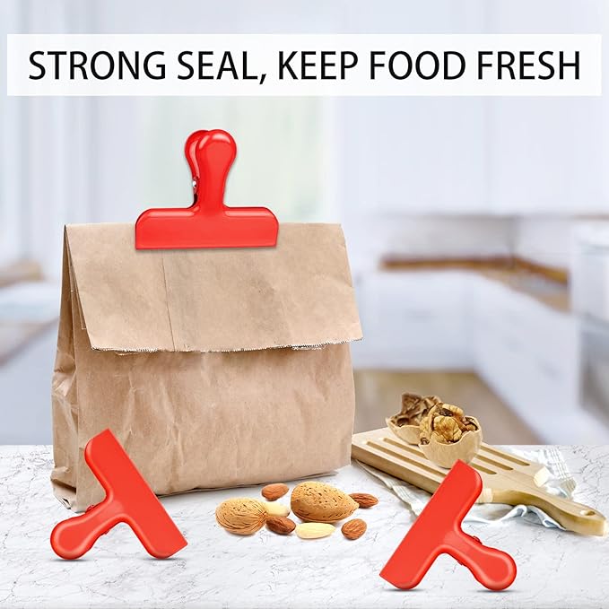 Bag Clips Heavy Duty Stainless Steel Chip Clips, Food Bags Clamp Great for Kitchen Office to Seal Coffee Bags, Paper Sheets - Pack of 8（Red）