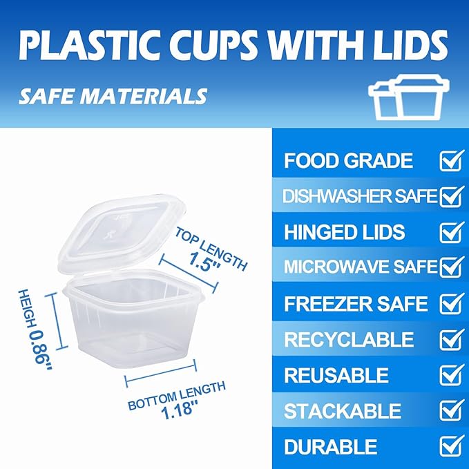 1 oz Square Plastic Containers with Lids(200 Pack), 1oz Clear Condiment Cups with Lids, Small Portion Sauce Cups for Salad Dressing, Lunch