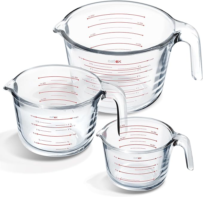 Eatex Glass Measuring Cups Set of 3 - Liquid Measuring Cups, Glass Measuring Cup Set - 1,2,4 Cup Measuring Cup - Dishwasher Oven, Microwave Safe Measure Cups