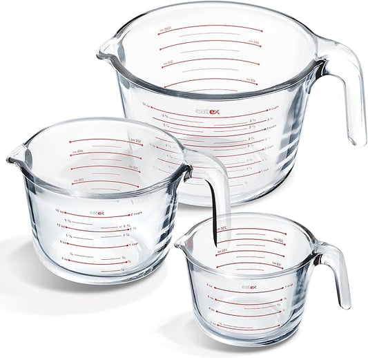 Eatex Glass Measuring Cups Set of 3 - Liquid Measuring Cups, Glass Measuring Cup Set - 1,2,4 Cup Measuring Cup - Dishwasher Oven, Microwave Safe Measure Cups