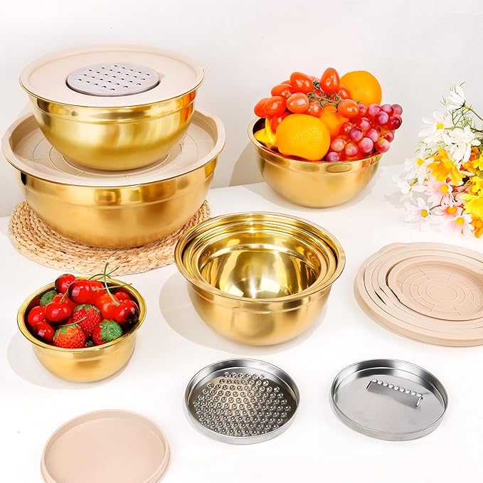 KesaPlan Mixing Bowls with Airtight Lids Set 7 PCS Stainless Steel Bowls with 3 Grater Attachments Nesting Metal Mixing Bowls,Size 4.5,4,3.5,2.1,1.5,1.1,0.7QT,Great for Mixing & Serving