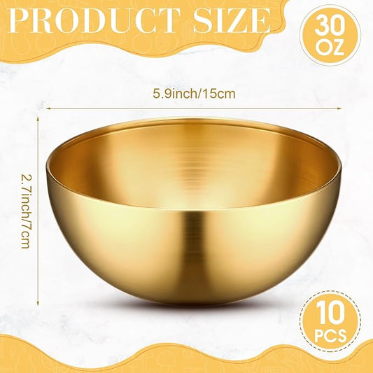 Nuogo 15 Pcs Gold Mixing Bowls Metal Stainless Steel Soup Bowl for Kitchen Fruit Salad Snack Appetizer Cereal Noodle Facial Sugar Serving Cooking Baking Prepping, 5.9 Inches