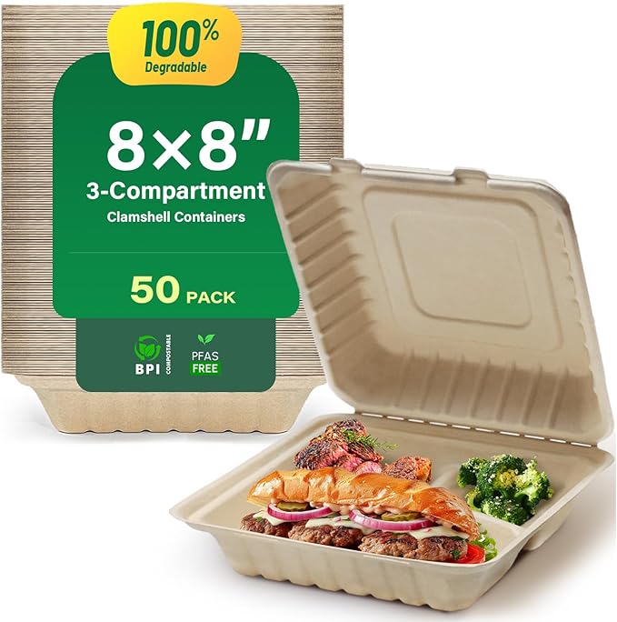 [8X8", 50-Pack] 100% Compostable Clamshell Food Containers for Takeout - Heavy-Duty Quality Assurance Crafted from Natural Disposable Bagasse of Sugar Cane Fibers, Truly Eco-Friendly& Biodegradable.