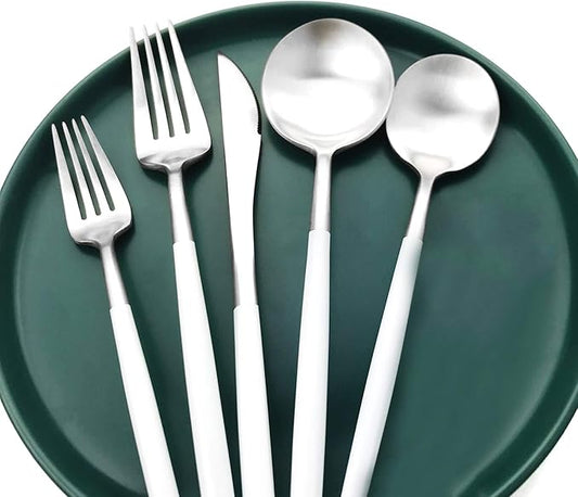 White Silver Flatware, Royal 20-Piece Matte White Handle 18/10 Stainless Steel Tableware Sets for 4 Including Forks Spoons Knives, Camping Silverware Travel Utensils Set Cutlery (White Silver)