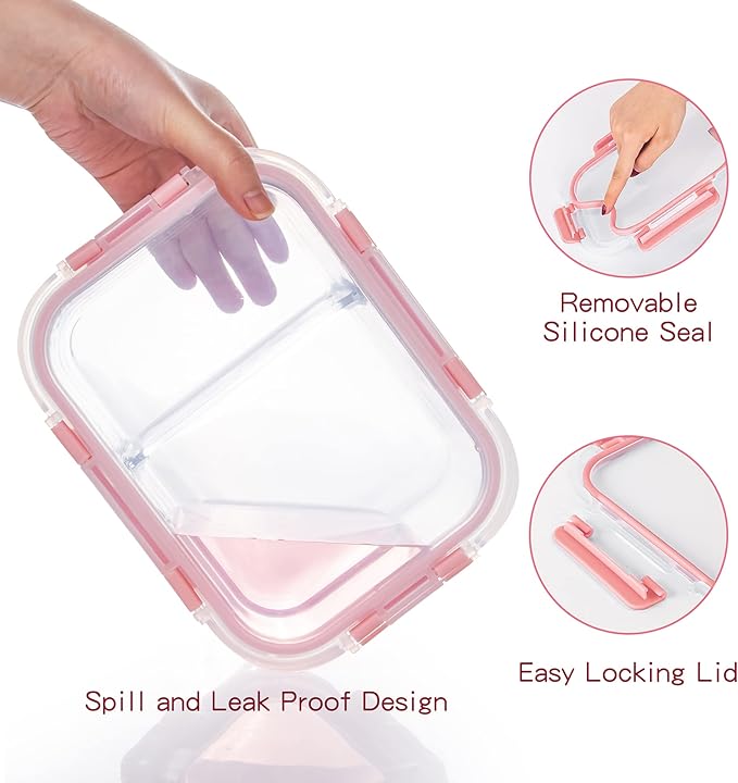Glass Meal Prep Containers 2 Compartment with Lids (5 Pack, 34oz), Divided Glass Storage Containers for Lunch at Work, Leak-Proof Portion Control Food Containers, Microwave/Dishwasher Safe