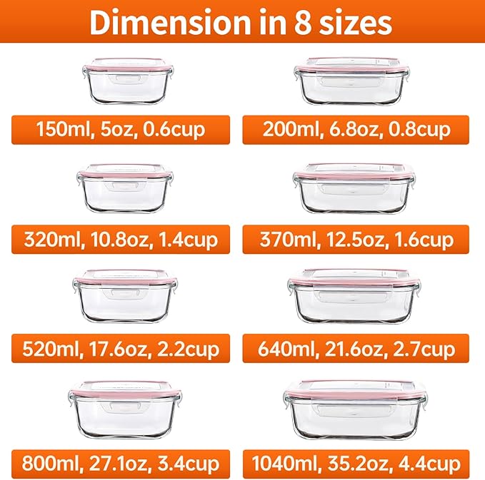 HOMBERKING 8 Pack Glass Food Storage Containers with Lids, Meal Prep Containers, Airtight Bento Boxes with Leak Proof Locking for Microwave, Oven, Freezer and Dishwasher, BPA Free, 5-35oz, Pink