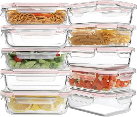 HOMBERKING 10 Pack 22oz Glass Meal Prep Containers, Glass Food Storage Containers with Lids, Airtight Glass Lunch Bento Boxes, BPA-Free & Leak Proof (10 lids & 10 Containers) - Pink