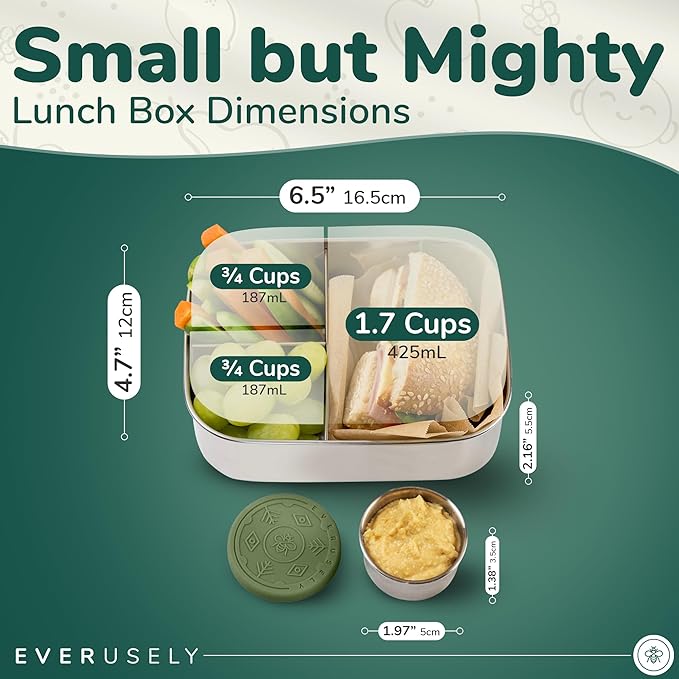 Everusely - Bento Box for Kids - Sage, 6.5x4.7 / 27oz - Stainless Steel Lunch Box w/Leakproof Condiment Container - 3 Compartment Snack Box for School, Office Meals - Freezer & Dishwasher Safe
