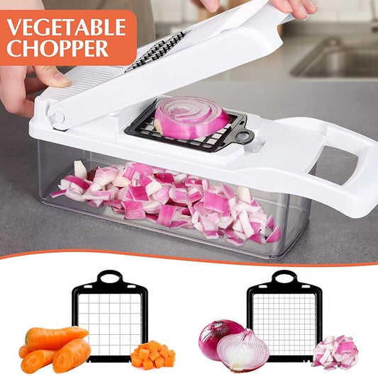 KEOUKE Vegetable Chopper 16in1 Veggie Chopper Slicer Cutter Food Dicer with Container Hand Guard Draining Basket, Pro White
