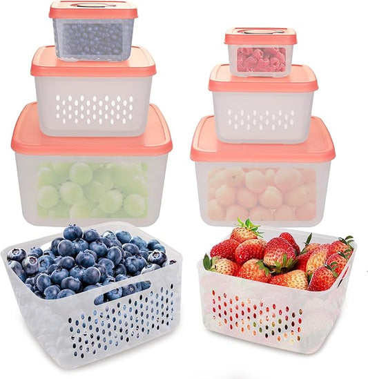 6 PCS Fruit Storage Containers for Fridge with Lids, BPA-Free, Produce Storage Containers with Removable Colander, Dishwasher & Microwave Safe for Salad Berry Lettuce Keeper