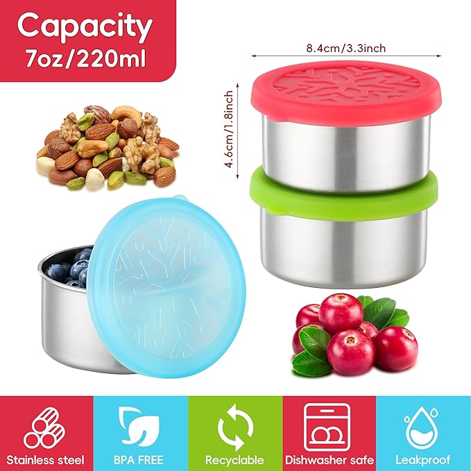 Stainless Steel Snack Containers for Kids Salad Dressing Container To Go Small Snack Box with Silicone Lids Easy Open LeakProof Reusable Metal Toddler Lunch Box for School