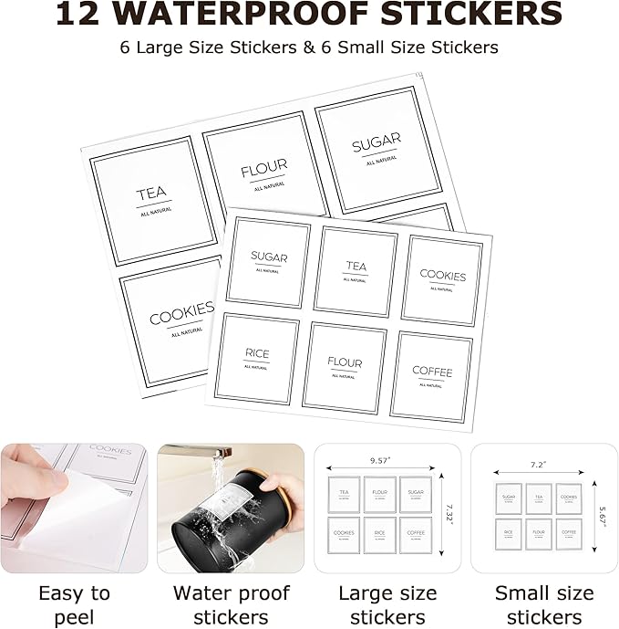 Canisters Sets for Kitchen Countertop, Black Metal Kitchen Canisters Set of 3, Flour and Sugar Storage Containers with Airtight Bamboo Lid and Stickers, Coffee and Tea Storage, Farmhouse Decor
