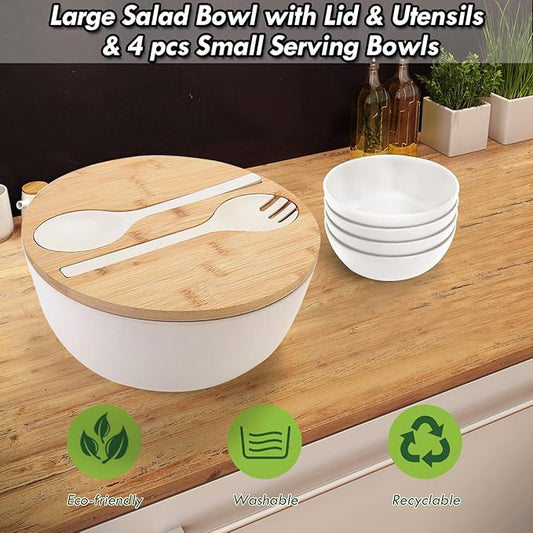 ShineMe Salad Bowl Set, 9.8inches Large Salad Bowl with Lid, Bamboo Salad Serving Bowl with 4pack Small Snack Bowls and Servers(Fork & Spoon) for Mixing Salad, Vegetables and Pasta(White)