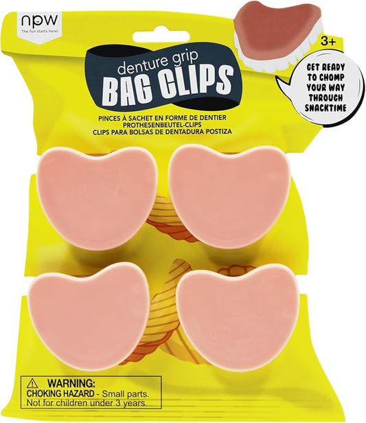 NPW Denture Chip Clips – 4 Pack – Funny Teeth-Shaped Bag Clips for Snacks & Kitchen Storage, Gag Gift for Dentists, Seniors & Prank Lovers