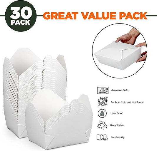 Fit Meal Prep 30 Pack 76 oz Paper Take Out Containers 8.6 x 6.3 x 2.5 - White Lunch Meal Food Boxes #3, Disposable Storage To Go Packaging, Microwave Safe, Leak Grease Resistant for Restaurant