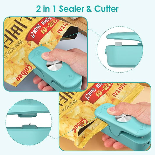 Bag Sealer, 2 in 1 Mini Bag Sealer Heat Seal and Cutter, Portable Chip Bag Sealer Heat Sealer Bag Resealer for Snacks Candies Plastic Bag Food Storage (Batteries Included)