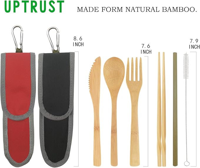 UPTRUST 2 Set Bamboo Cutlery Set Bamboo Travel Utensil Reusable Organic Bamboo Utensil Fork Knife Spoon Chopsticks Straw Cleaning Brush for Travel Picnic School Office（Black & Red）
