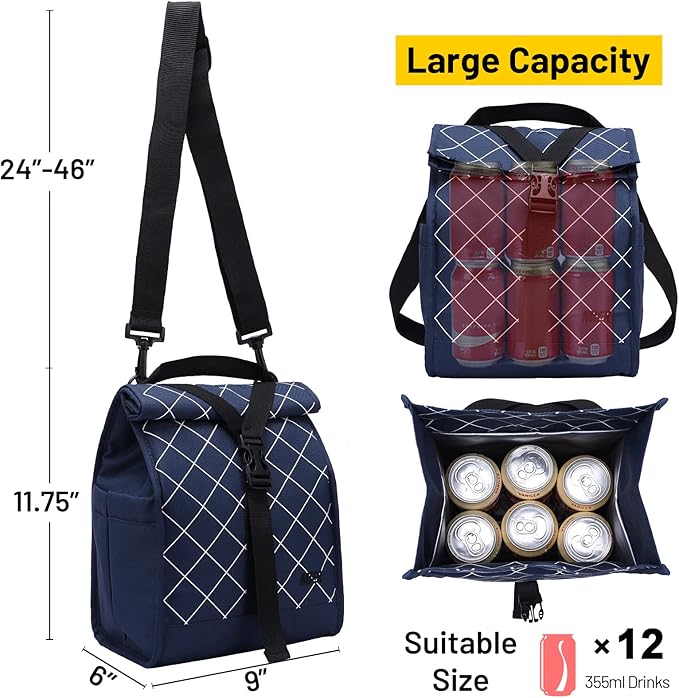 MIER Insulated Lunch Bag Roll Top Lunchbox for Women Men Adults Foldable Rolltop Lunch Tote with Shoulder Strap for Work Office Picnic, Water Bottle Holder, Blue