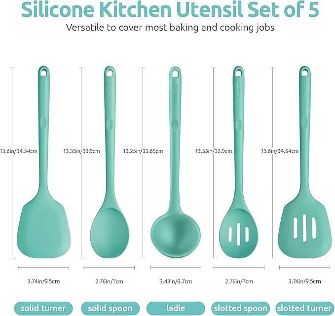 18/8 Stainless Steel Measuring Spoons Set for Dry and Liquid Ingredients (Set of 6), and 600℉ Heat Proof BPA-Free Solid/Slotted Sturdy Cooking Utensil Set of 5 for Non Stick Cookware, Aqua Sky
