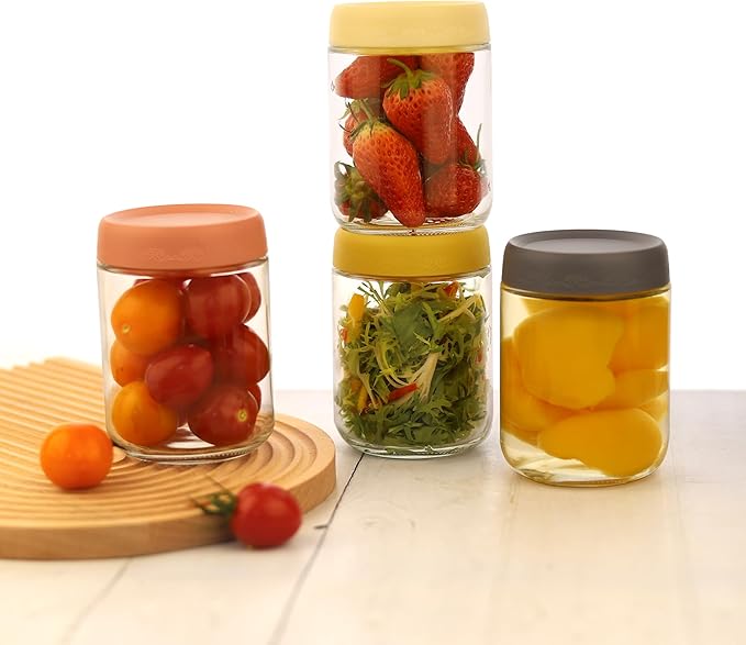 16 OZ Glass Food Jar Storage Containers with Airtight Lids, Reusable Wide Mouth Overnight Oats Glass Mason Jars for Snacks Yogurt Pudding(Multicolor 4pack-2)