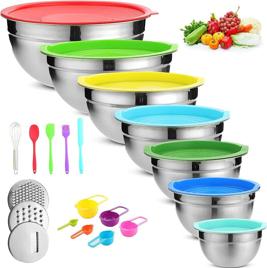 Mixing Bowls with Lids Set of 7PCS Stainless Steel Mixing Bowls, Mixing Bowl Set for Baking Cooking Food Prep & Non-Slip, Includes Measuring Cups Spoon brush whisk and other 11 Kitchen Tools