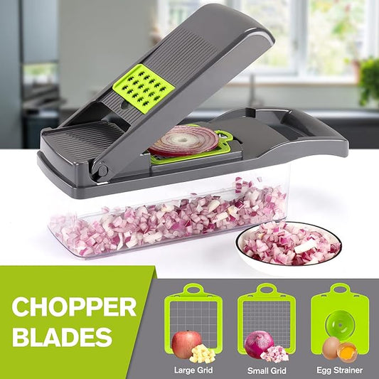 KEOUKE Vegetable Chopper 12in1 Veggie Chopper Slicer Cutter Food Dicer with Container Hand Guard Draining Basket, Grey