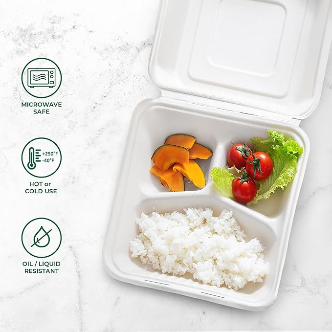 Freshware Clamshell Food Containers with Lids [9x9] 3-Compartment 50-Pack, Disposable To Go Containers, Biodegradable Sugarcane To Go Boxes - Paper Containers - Microwave & Freezer Safe, Stackable