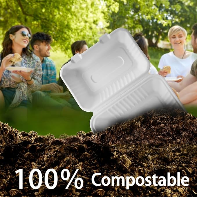 ‌LxinsECO 9X6 Inch Clamshell Containers (75-pack), Disposable Compostable Bagasse Dessert & Sandwiches Boxes, Microwave & Freezer Safe for Restaurants, Picnic, To-Go Meals Out